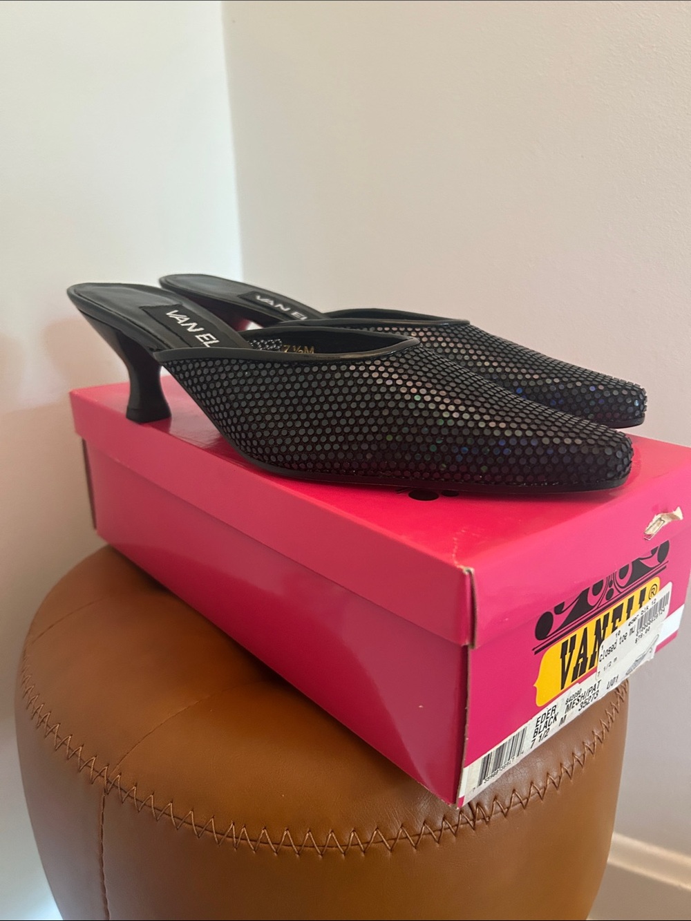 Van Eli Black Sequin Kitten Heel Mules